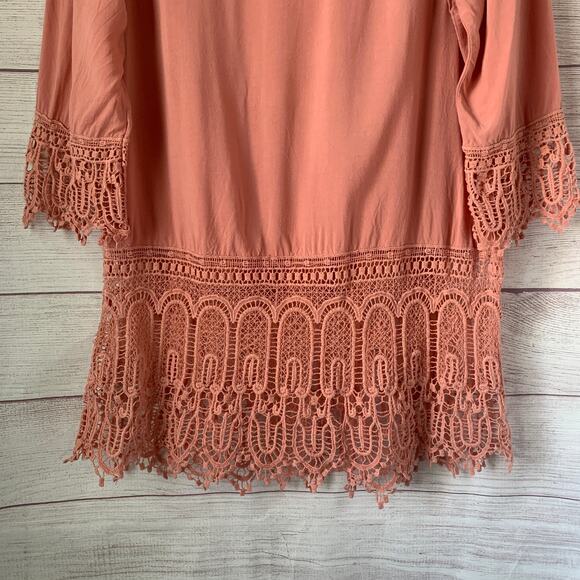 L'affaire Boho Pink Tunic Top with Crochet Lace Detail 3/4 Length Sleeves Size L - Picture 7 of 13